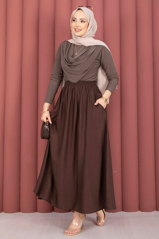 Buy Elastic Waistband Skirt with Pocket Detail Brown