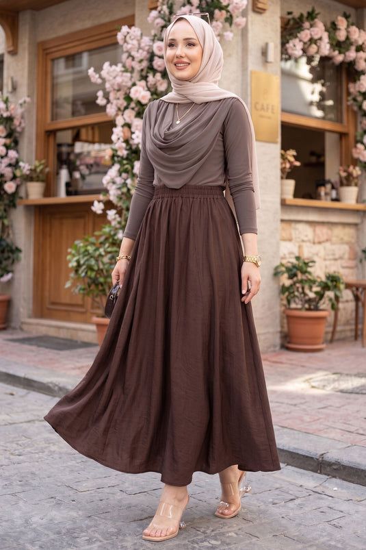 Buy Elastic Waistband Skirt with Pocket Detail Brown
