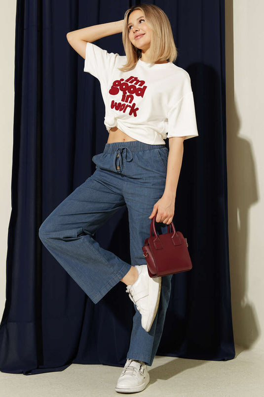 Buy Elastic Waistband Wide Leg Jeans with Pockets Blue