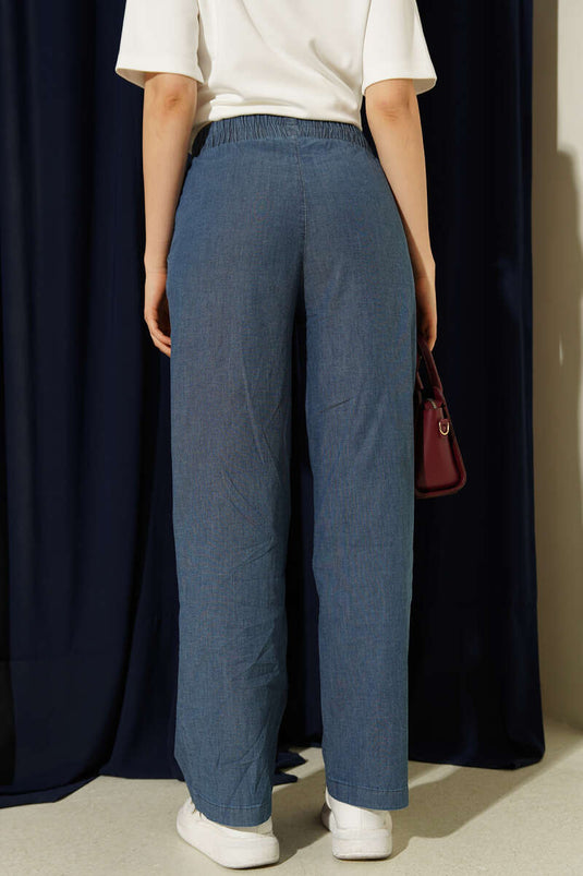 Buy Elastic Waistband Wide Leg Jeans with Pockets Blue