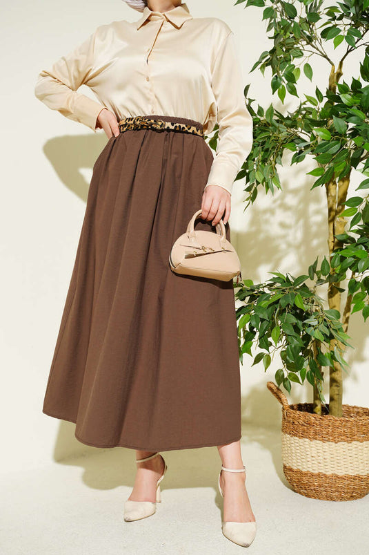 Buy Elastic Waist Pocketed Flared Skirt Brown