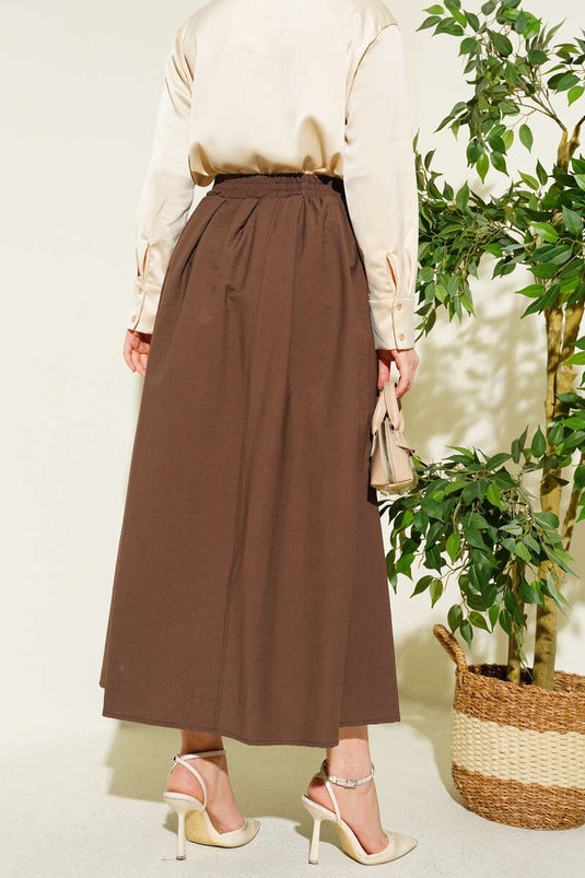Buy Elastic Waist Pocketed Flared Skirt Brown