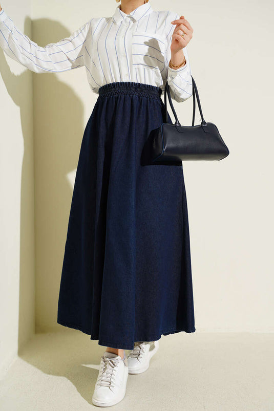 Koop Elastische Taille Jeansrok met Zak in Donkerblauw