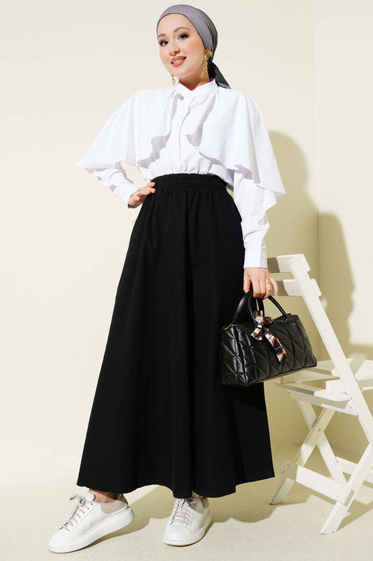 Buy Black Flared Denim Skirt with Elastic Waist and Pockets
