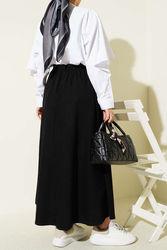 Buy Black Flared Denim Skirt with Elastic Waist and Pockets