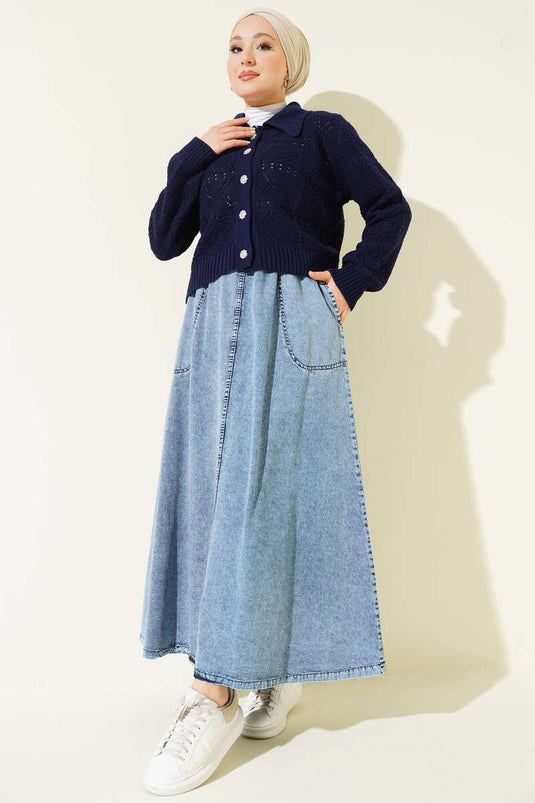 Jupe en jean bleu denim avec taille élastique et poches