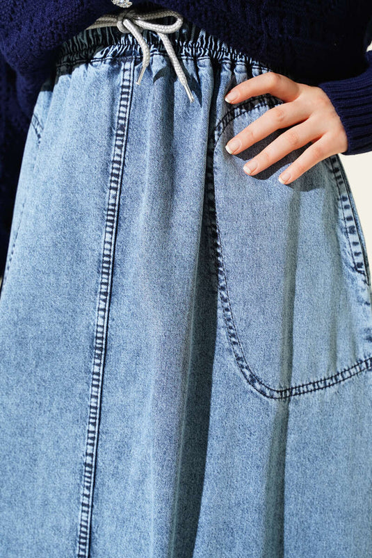 Denim Skirt with Elastic Waist and Pockets, Denim Blue