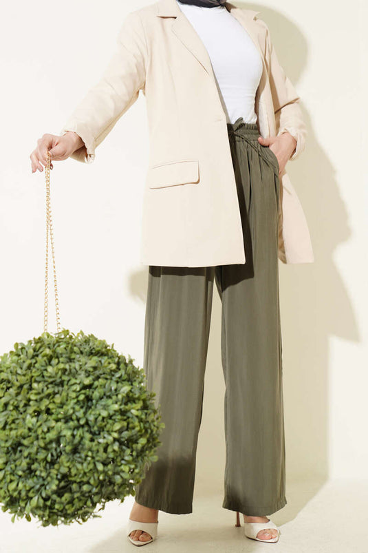 Pantaloni in modal con elastico e tasche, colore kaki