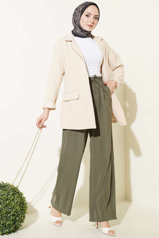 Pantaloni in modal con elastico e tasche, colore kaki