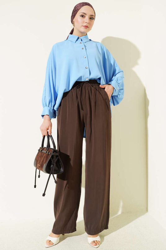 Pantaloni in modal con tasche e elastico, colore caffè