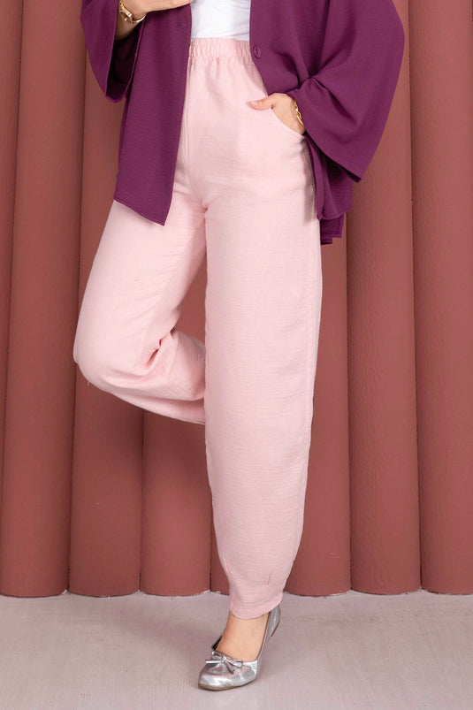 Beli Lastikli Cepli Müslin Pantolon Pembe