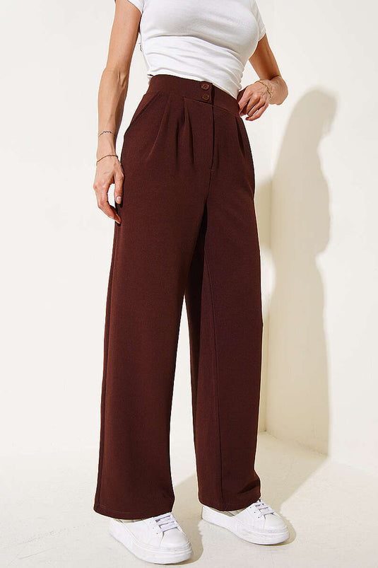 Pantalon Palazzo à poches avec ceinture élastique Marron