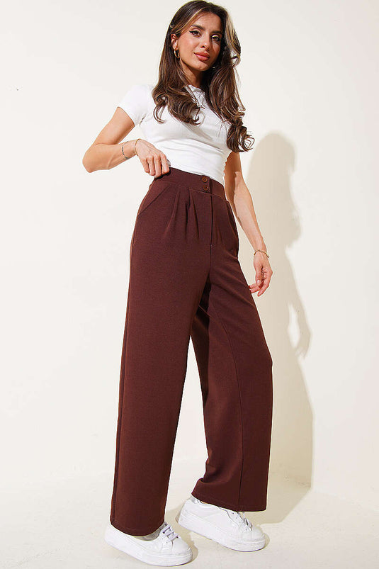 Pantalon Palazzo à poches avec ceinture élastique Marron