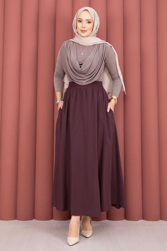 Buy Elastic Waistband Pocketed Tencel Skirt Burgundy