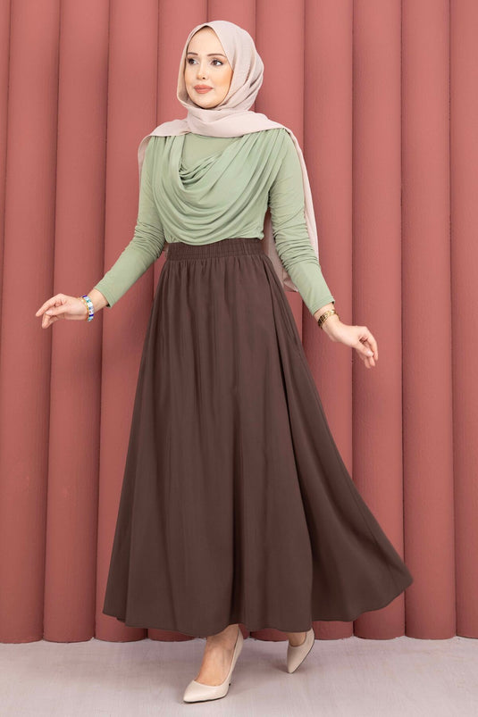 Buy Elastic Waistband Pocketed Tencel Skirt Coffee