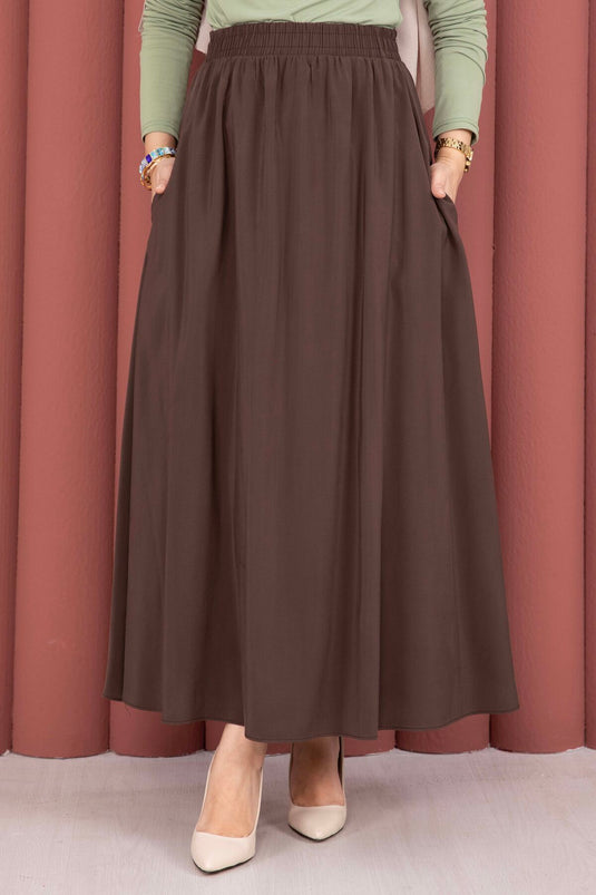 Buy Elastic Waistband Pocketed Tencel Skirt Coffee