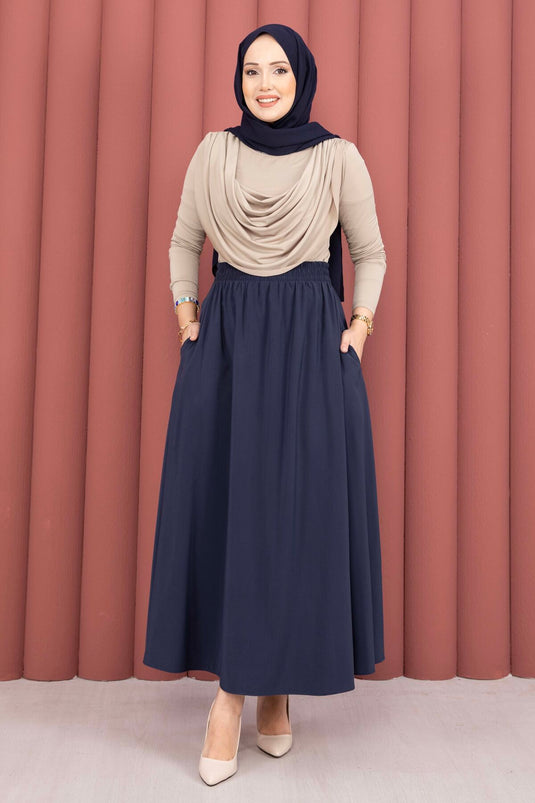 Buy Elastic Waistband Pocketed Tencel Skirt Navy Blue