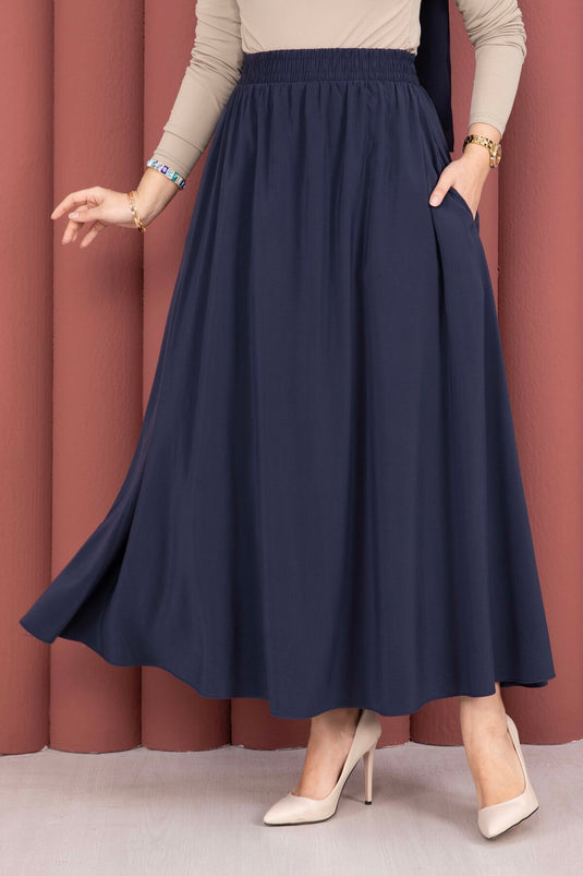 Buy Elastic Waistband Pocketed Tencel Skirt Navy Blue