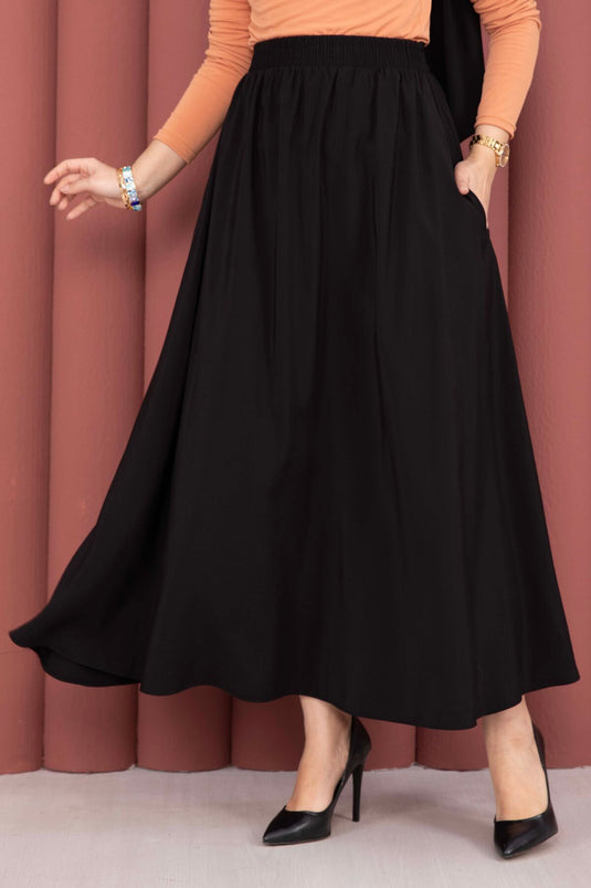 Buy Elastic Waistband Pocketed Tencel Skirt Black