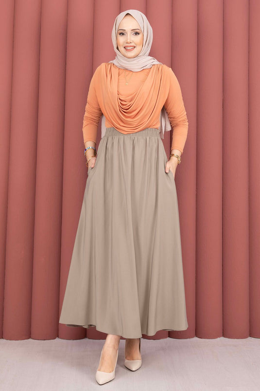 Buy Elastic Waistband Pocketed Tencel Skirt in Fawn