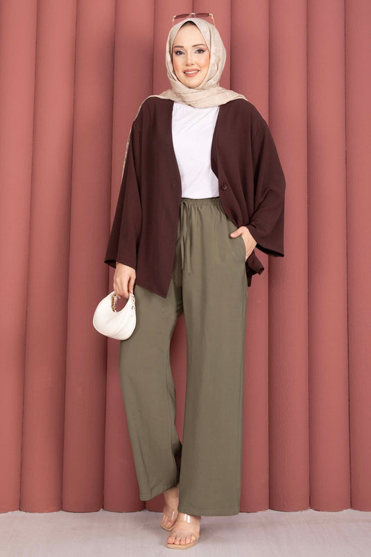 Pantalon Tensel À Taille Élastique Avec Poches Kaki
