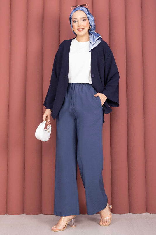 Pantalon Tensel Indigo avec Poches et Taille Élastique