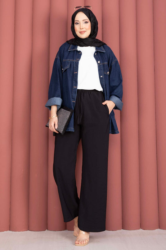 Schwarze Tencel-Hose Mit Elastischer Taille Und Taschen