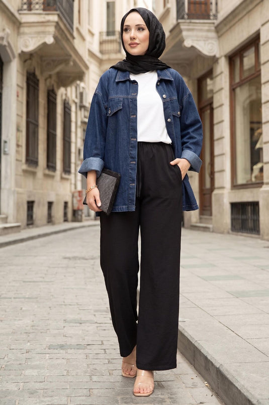 Beli Lastikli Cepli Tensel Pantolon Siyah