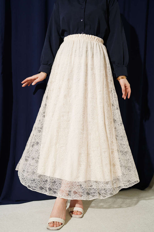 Gonna elasticizzata con pizzo floreale beige