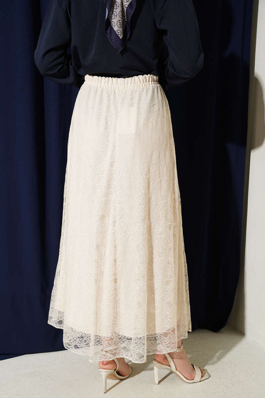 Gonna elasticizzata con pizzo floreale beige