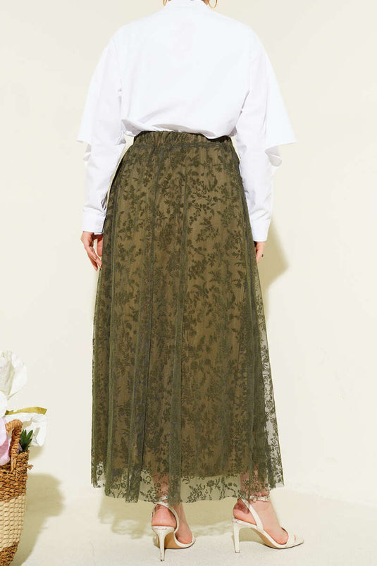 Acheter jupe en tulle à fleurs avec élastique kaki