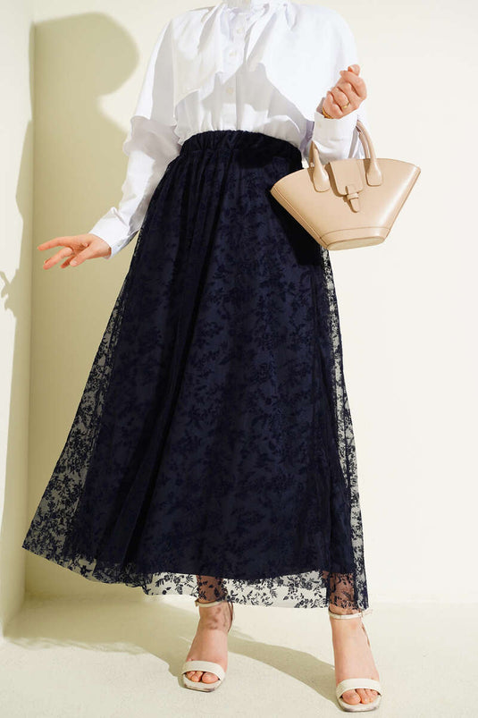 Koop Elastische Bloemen Tule Rok Marineblauw