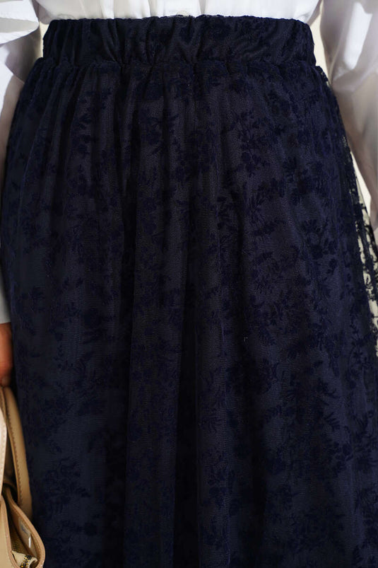 Koop Elastische Bloemen Tule Rok Marineblauw
