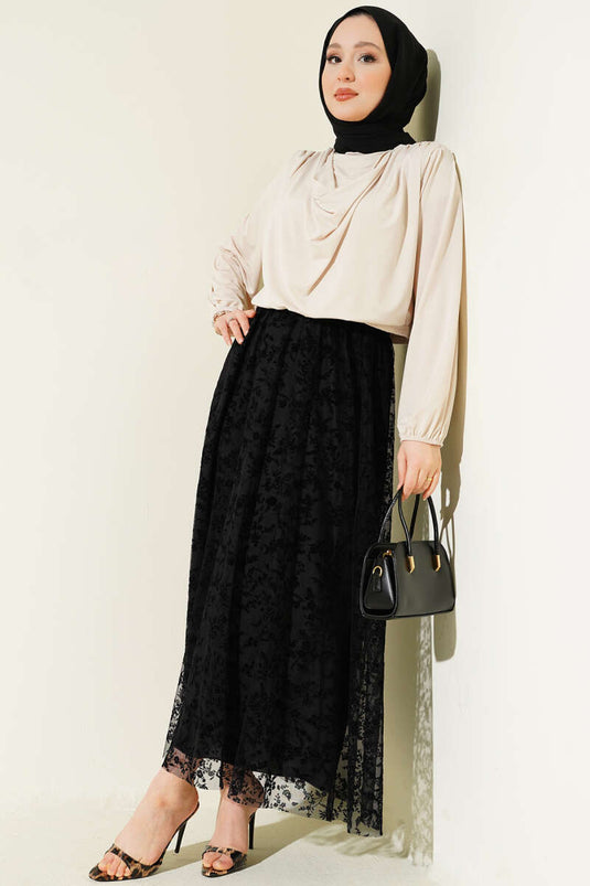 Acheter jupe en tulle à fleurs avec élastique noire