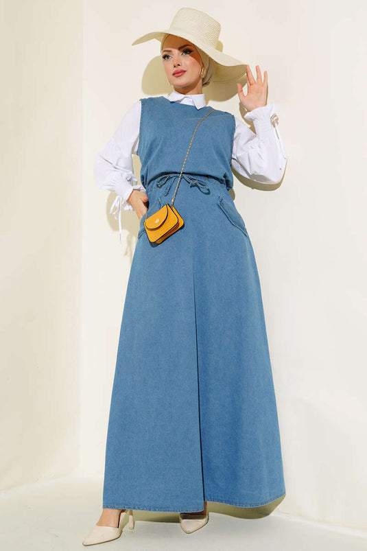 فستان جينز بخصر مطاطي وجيب مزدوج، أزرق دينم