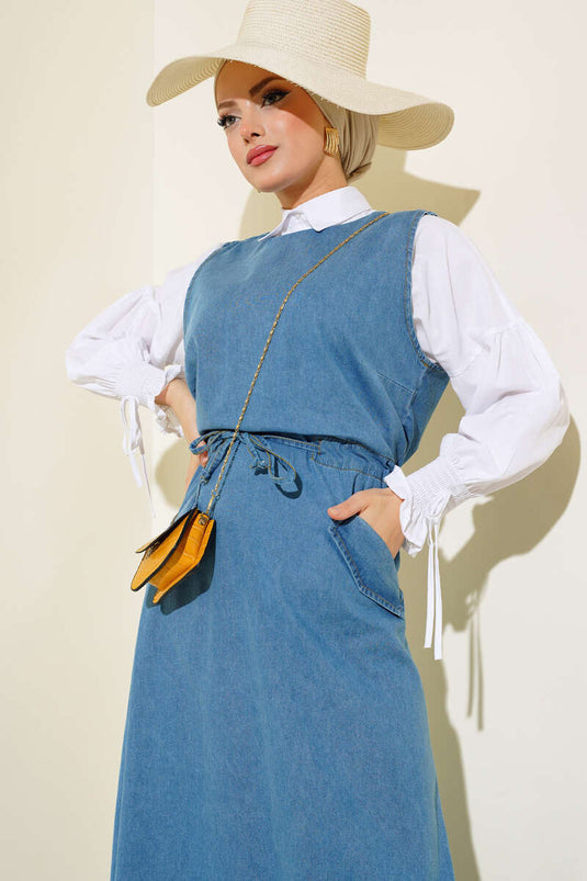 فستان جينز بخصر مطاطي وجيب مزدوج، أزرق دينم