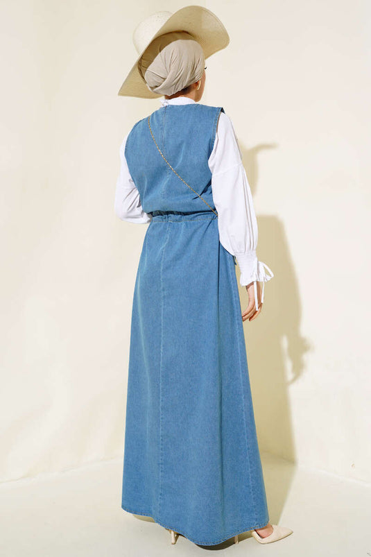 فستان جينز بخصر مطاطي وجيب مزدوج، أزرق دينم