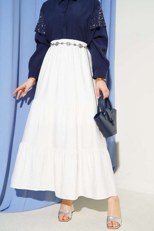 Beli Lastikli Çift Katlı Etek Ekru