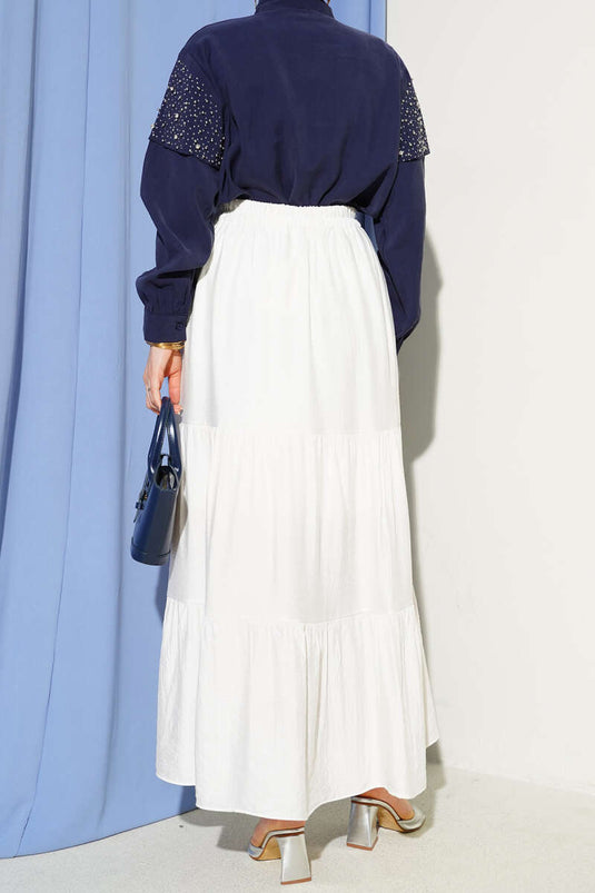 Beli Lastikli Çift Katlı Etek Ekru