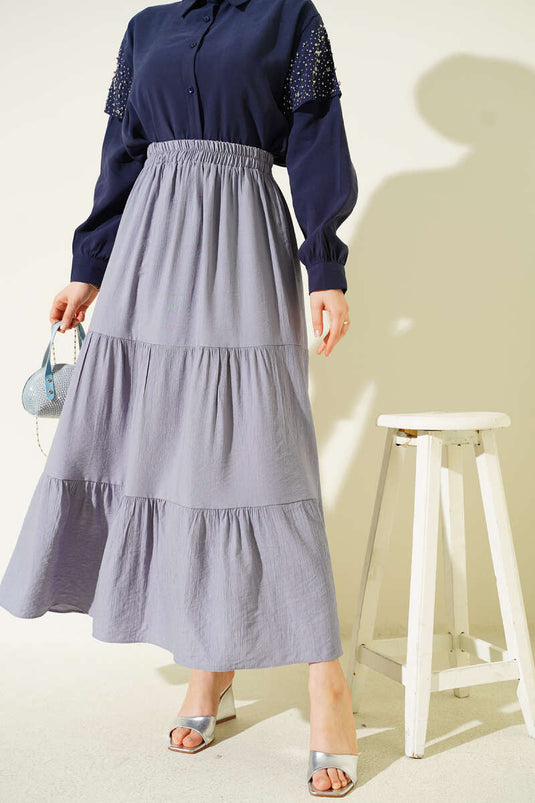 Beli Lastikli Çift Katlı Etek Gri