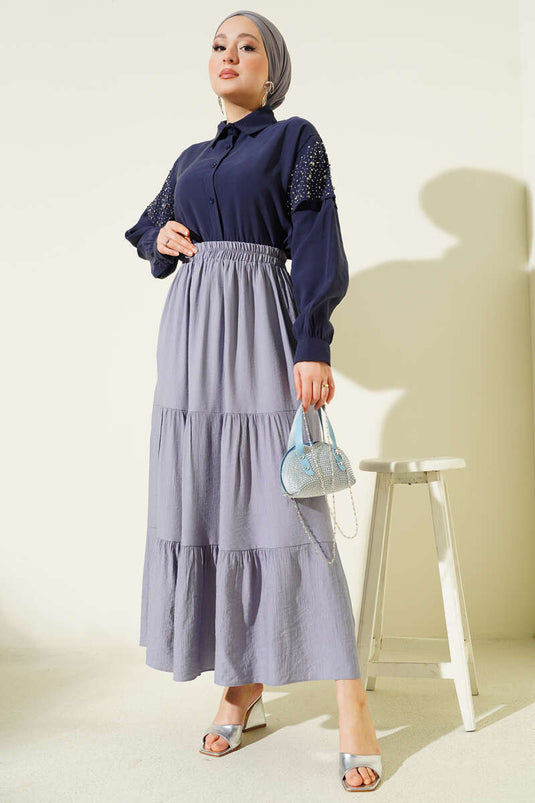 Beli Lastikli Çift Katlı Etek Gri