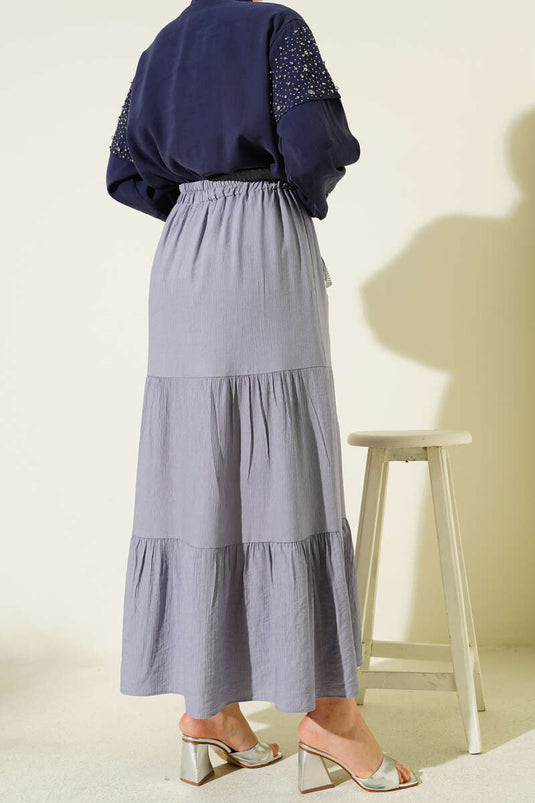 Beli Lastikli Çift Katlı Etek Gri