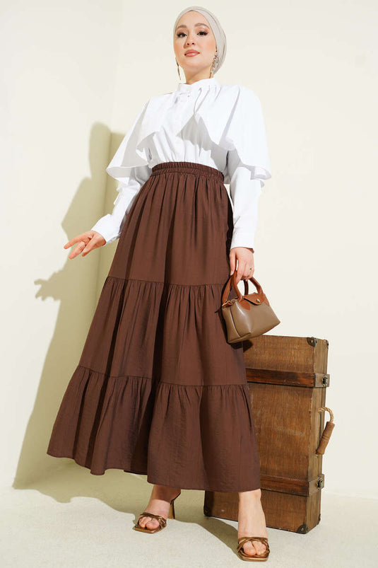 Beli Lastikli Çift Katlı Etek Kahve