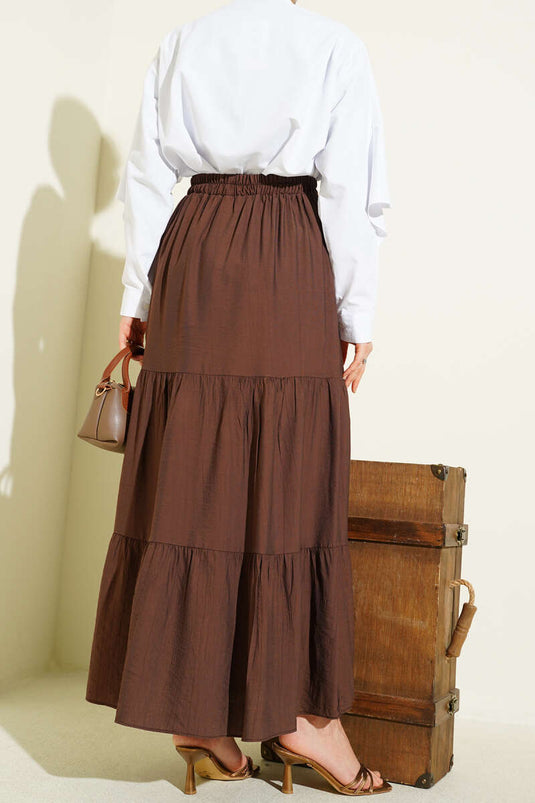 Beli Lastikli Çift Katlı Etek Kahve