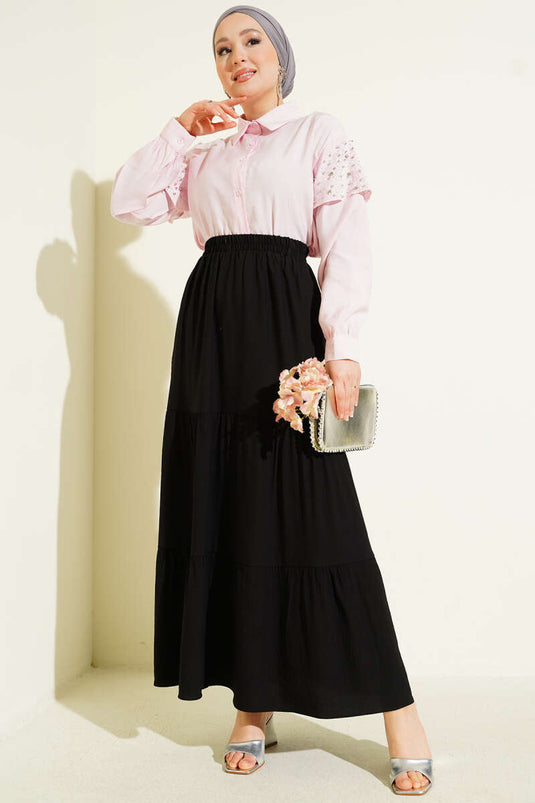 Beli Lastikli Çift Katlı Etek Siyah