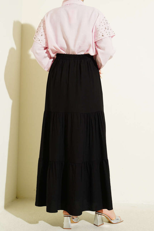 Beli Lastikli Çift Katlı Etek Siyah