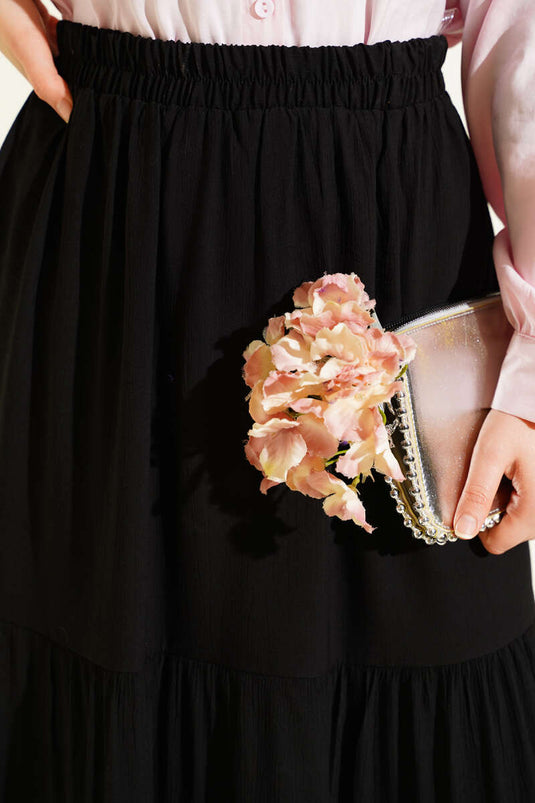 Beli Lastikli Çift Katlı Etek Siyah