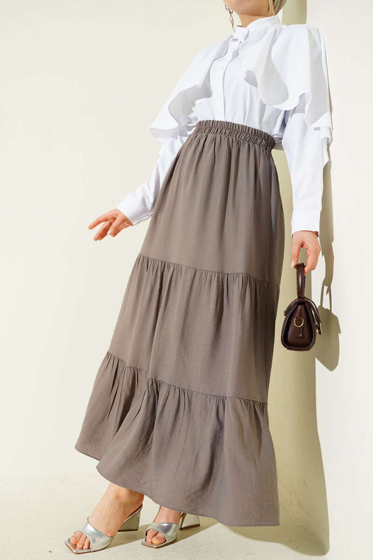 Beli Lastikli Çift Katlı Etek Vizon