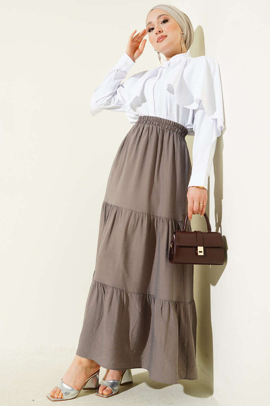 Beli Lastikli Çift Katlı Etek Vizon