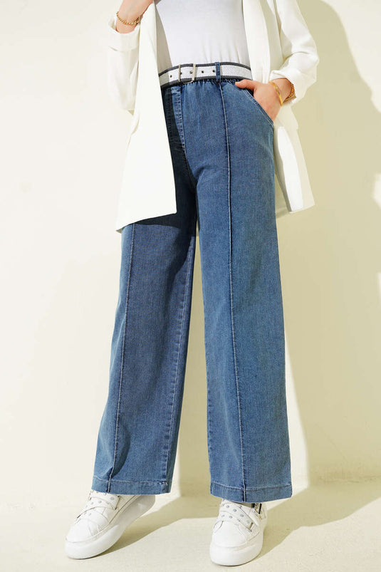 Beli Lastikli Çımalı Kemerli Kot Pantolon Kot